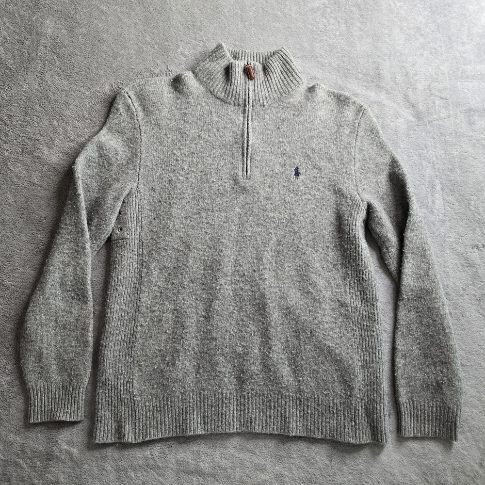 Polo Ralph Lauren Sweater Men Medium Gray Lambs Wool 1/4 Zip Casual Knit Preppy